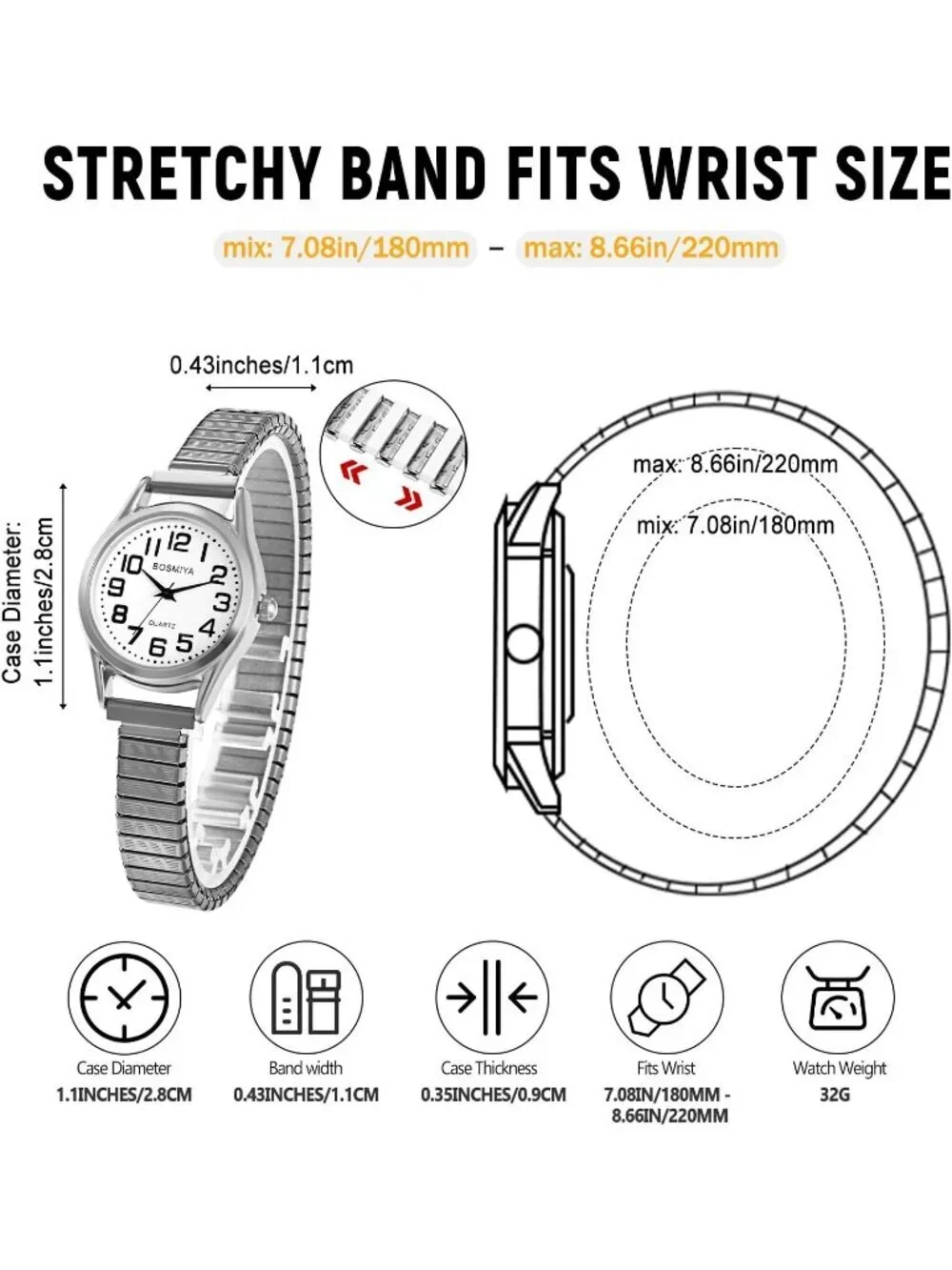 Women Silver Analog Quartz Small Dial Easy Reader Stretch Band Round Wrist Watch